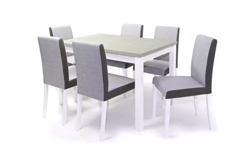 XEVU7 asztal 120-as Fehér + 6 db FERA9 szék Fehér láb/Szövetes